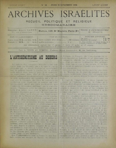 Archives israélites de France. Vol.81 N°48 (25 nov. 1920)
